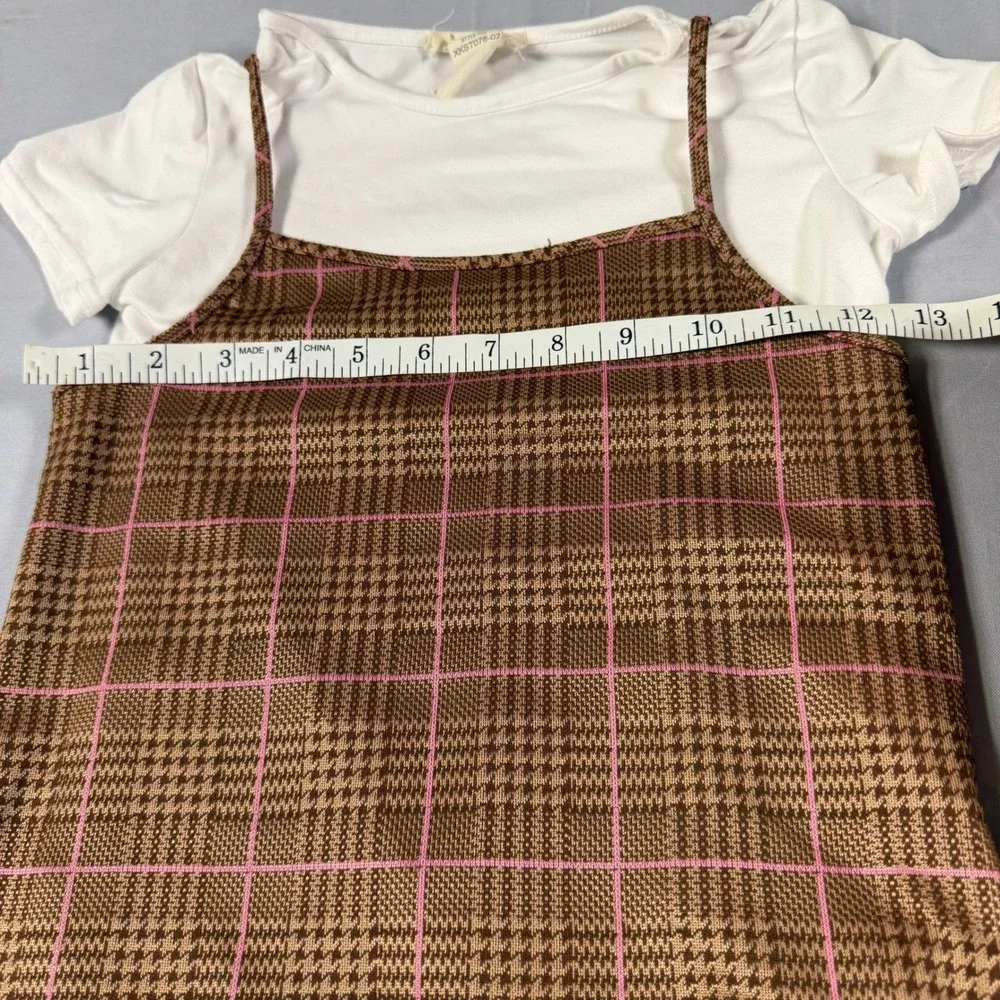 Shosho Girls Brown Pink Houndstooth Plaid Pinafore Dress White T-Shirt Set Sz 8